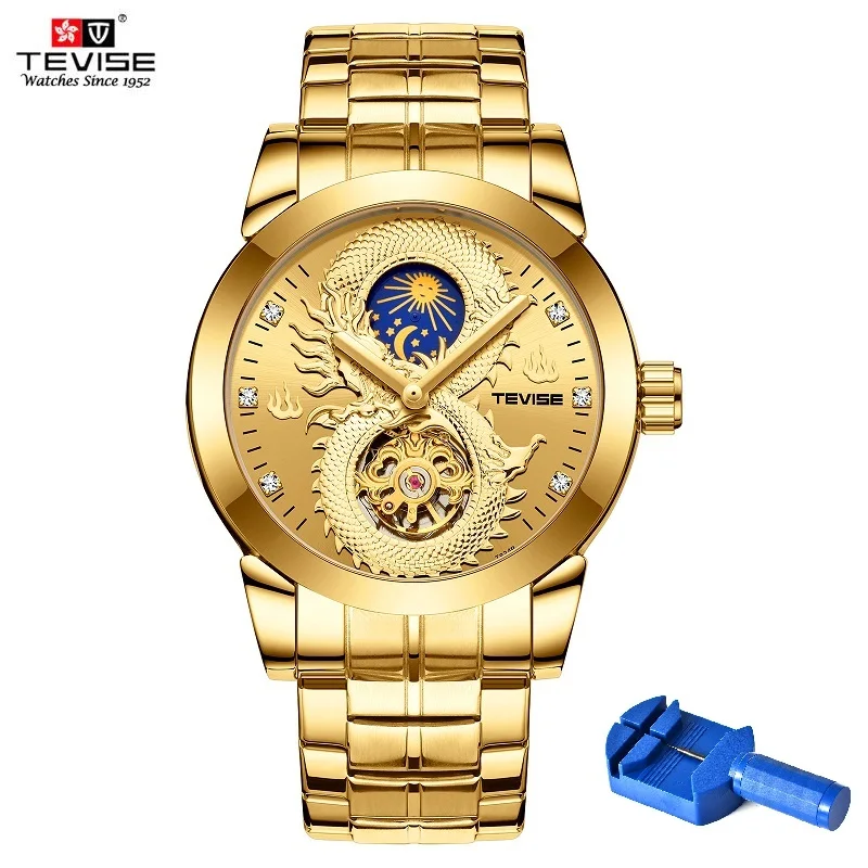 Gold With Tool TEVISE 3D мужские часы с драконом, мужские механические часы с скелетом, фаза Луны, водонепроницаемые автоматические наручные часы для мужчин, s Fixer, Прямая поставка - Цвет: Gold With Tool