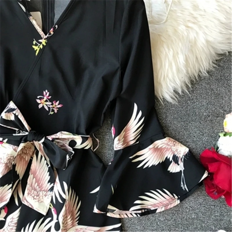 

Vocation Bohemian Beach Rompers Elegant V-Neck Floral Print Bow Waist Playsuits Flare Long Sleeve Loose Jumpsuits Women 2019