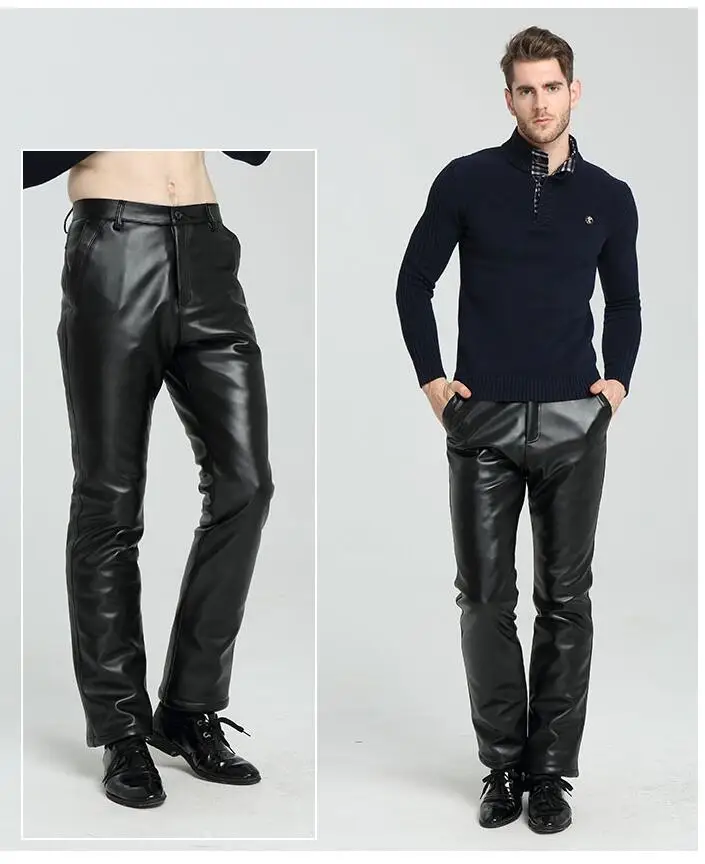 Velvet thickening warm Loose fashion motorcycle faux leather pants mens feet pants pu trousers men pantalon homme black