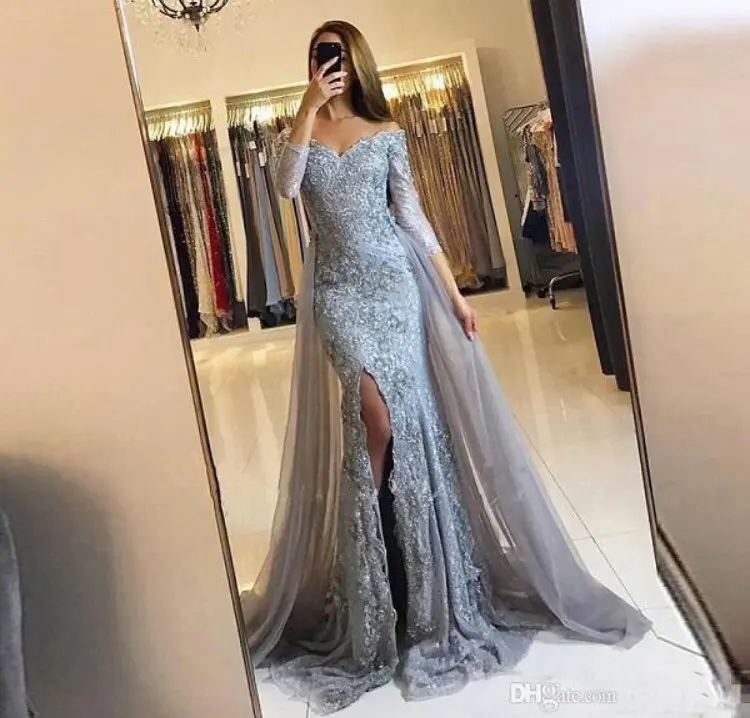 Женское вечернее платье с открытыми плечами серебряное длинное аппликацией из