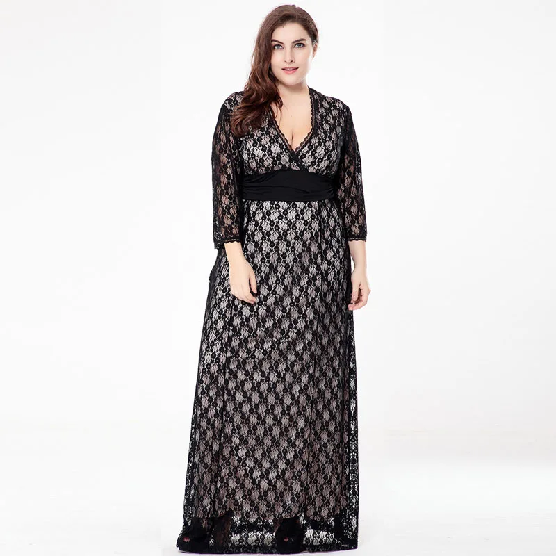 Платья размера плюс для женщин 4xl 5xl 6xl кружевное платье с длинным рукавом черное