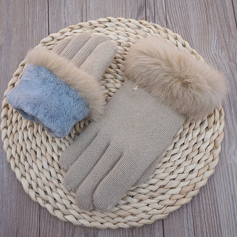 

Женские вязаные шерстяные перчатки из кроличьей шерсти, женские двухслойные бархатные плотные зимние теплые перчатки для вождения с сенсо...