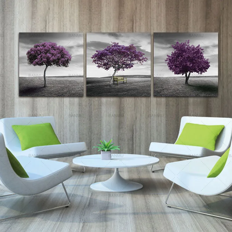 3 Piece Free Shipping canvas Modern Wall Art Home Decoration Purple Tree Large Living Room Oil Painting Pictures on Canvas Print | Дом и сад
