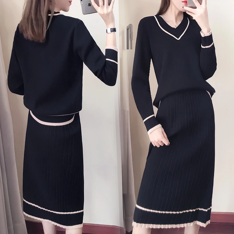 Осенние костюмы одежда свитер с длинными рукавами Трикотажный костюм юбкой