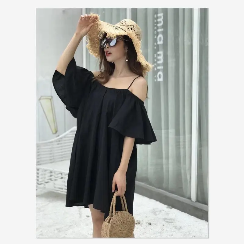 Women's Thin Strap Dress Slash Neck Ruffled Short Sleeve Vestidos Mujer Off shoulder Cotton Beach Summer Dresses Female 2018 | Женская