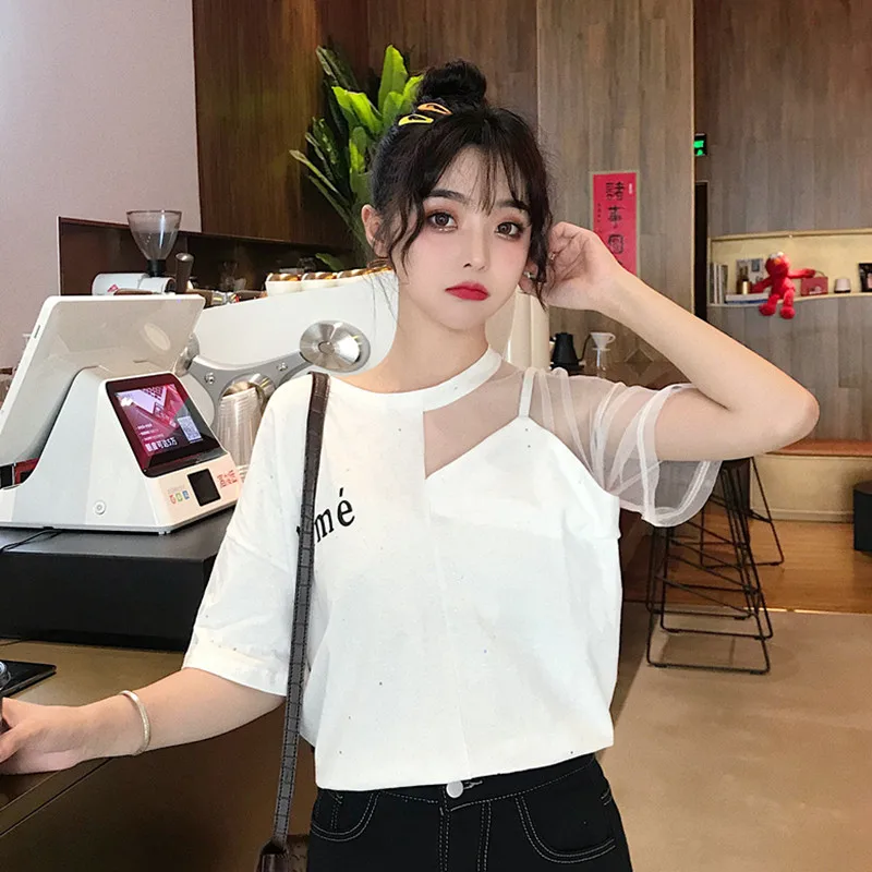 2 цвета лето 2019 китайский корейский стиль блестящая сетка пэчворк свободные топы