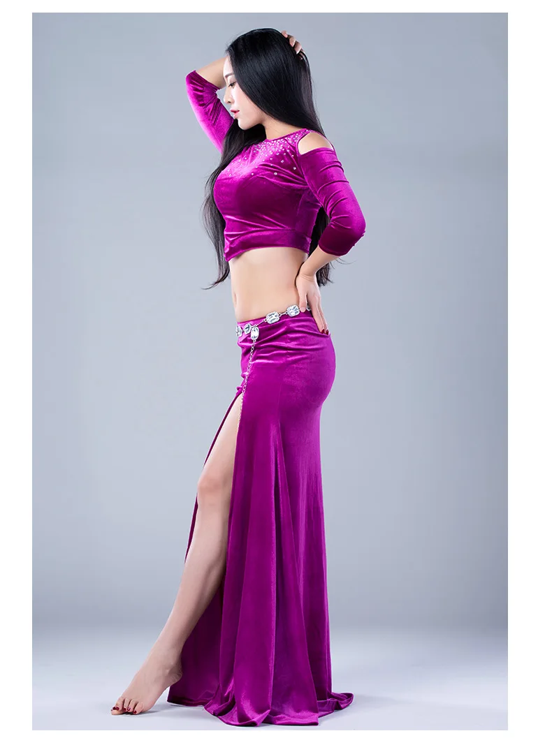Осень-зима Для женщин комплект из 2 частей Bellydance костюм из бархата с длинными рукавами Блузка с боковыми юбка Корея Дизайн красный зеленый Black Rose