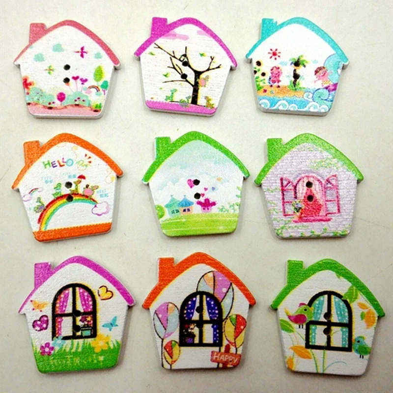 (100 шт./лот) 25 мм разноцветный деревянный шпон/печатные деревянные пуговицы