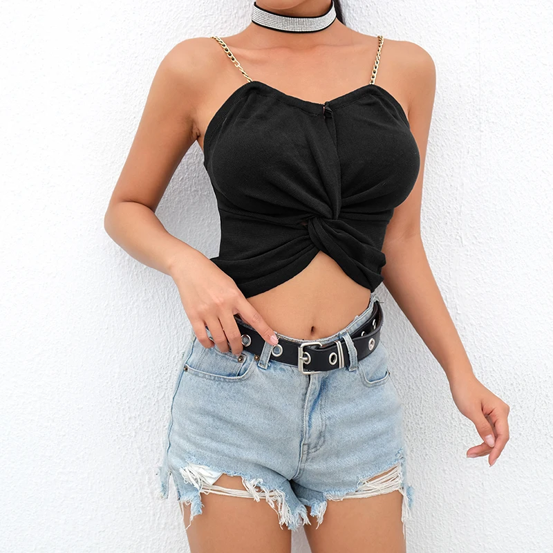 Sweetown Metal Chain Black Crop Top Sexy Vintage Pink Spaghetti Strap Summer Top Criss Cross Hollow Cropped Feminino Tank Tops