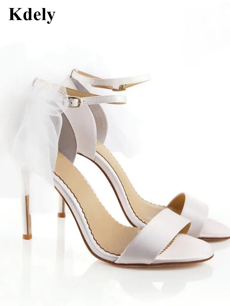 

New fashion white beige bride wedding shoes women back mesh bowtie thin high heel party shoes stilettos heels summer sandals
