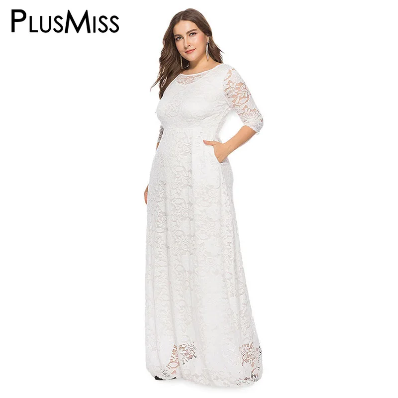 Белый PlusMiss размера плюс 5XL XXXXL XXXL Черный, красный, белый цвета кружевное элегантное Вечеринка платья больших Размеры летние макси длинное платье Robe Femme - Цвет: Белый