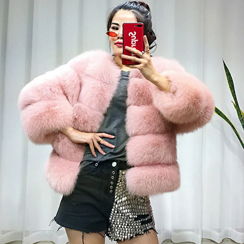 Однотонное пальто с искусственным лисьим мехом Для женщин 2018 зимнее зауженное