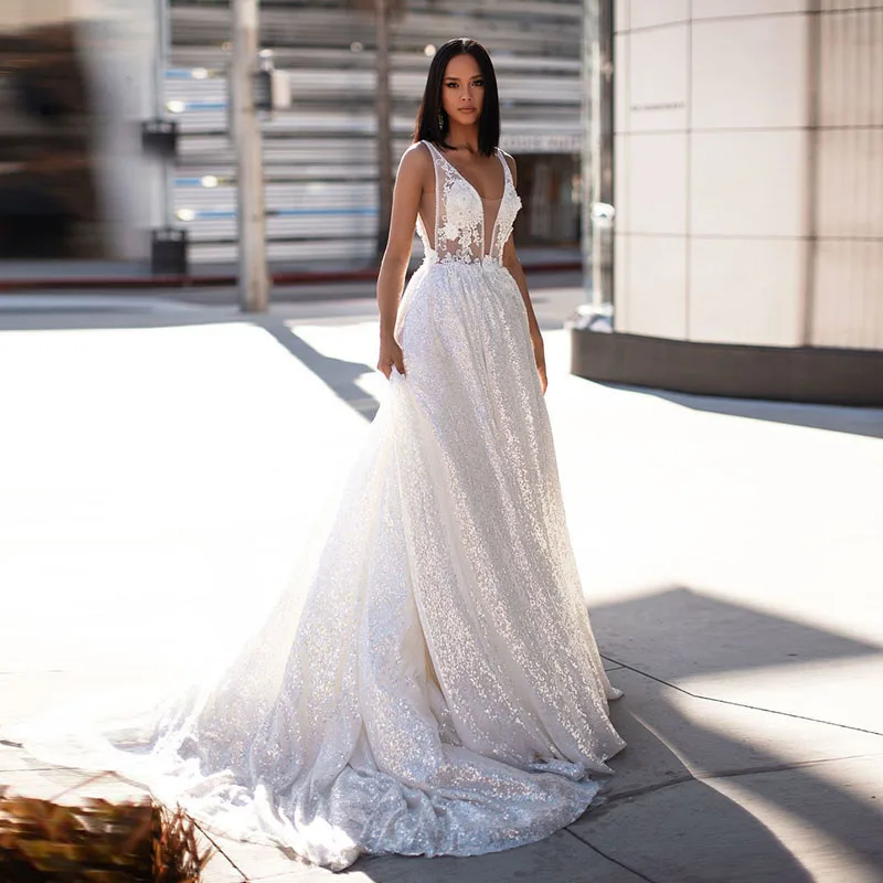 

Sexy V Neck Shiny Sequin Wedding Dresses Lace Off The Shoulder Long Backless Formal Wedding Bridal Gowns 2021 Vestido de Noiva