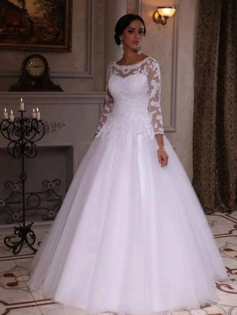 

A-Line Scoop Neckline Lace Appliques Wedding Dresses Sweep Train Long Sleeves Robe De Mariage Bridal Gown