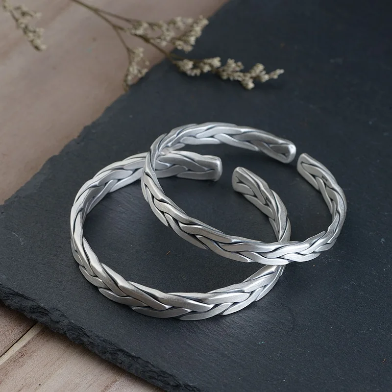 HFANCYW Fine Silver Silk Woven Bracelet Wholesale S990 Antique Thai Craft Interweave Couple Style Bangle Jewelry | Украшения и