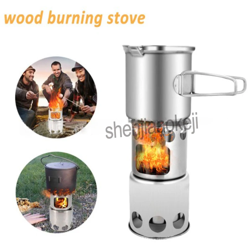 

Multi-purpose camping grill stove Stainless Steel Outdoor windproof Wood burning stove / stove + pot set Combo Set 1pc