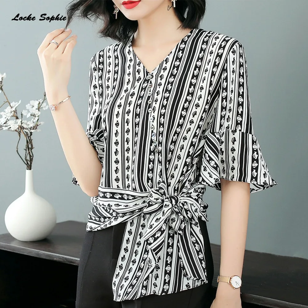 1pcs Ladies Plus size blouses tops 2019 Spring Fashion chiffon prints Mosaic V-neck Primer shirt women's Skinny Retro shirts |