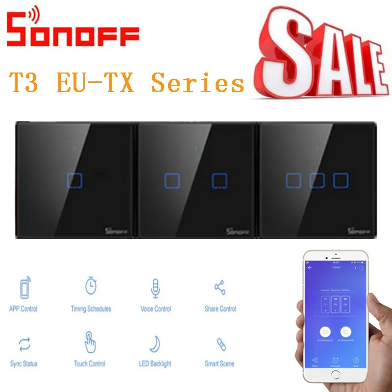 Интеллектуальный выключатель света SONOFF T3EU TX Smart Wi-Fi настенный сенсорный выключатель Черный с границы умный дом 1/2/3 433 RF/Голосовое управление/приложение Управление работает с Amazon Alexa