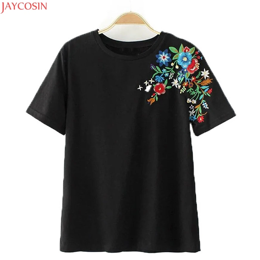 JAYCOSIN Women Flower Embroidery Shirt Short Sleeve Tees Ladies Casual | Женская одежда