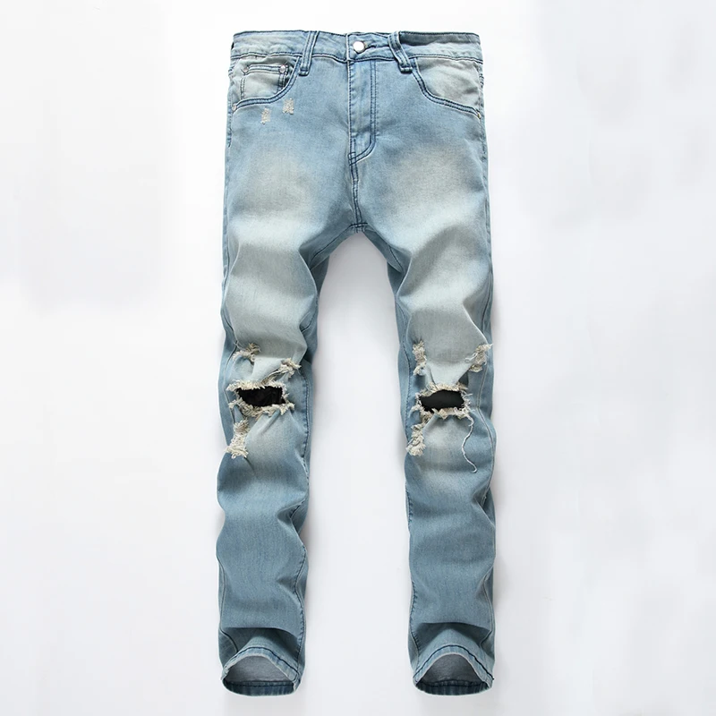 121 old light blue Gersri рваные джинсовые брюки байкерские узкие прямые потертые джинсовые брюки до колена Новая модная мужская одежда длинные брюки большого размера - Цвет: 121 old light blue