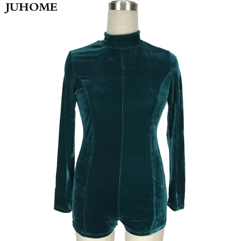 Женский бархатный комбидресс зеленый повседневный комбинезон с длинным рукавом