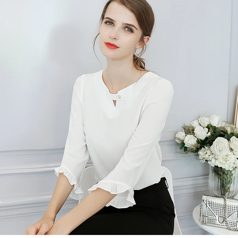 Новинка весны и лета 2018 женская шифоновая блузка с оборками рукавами корейская