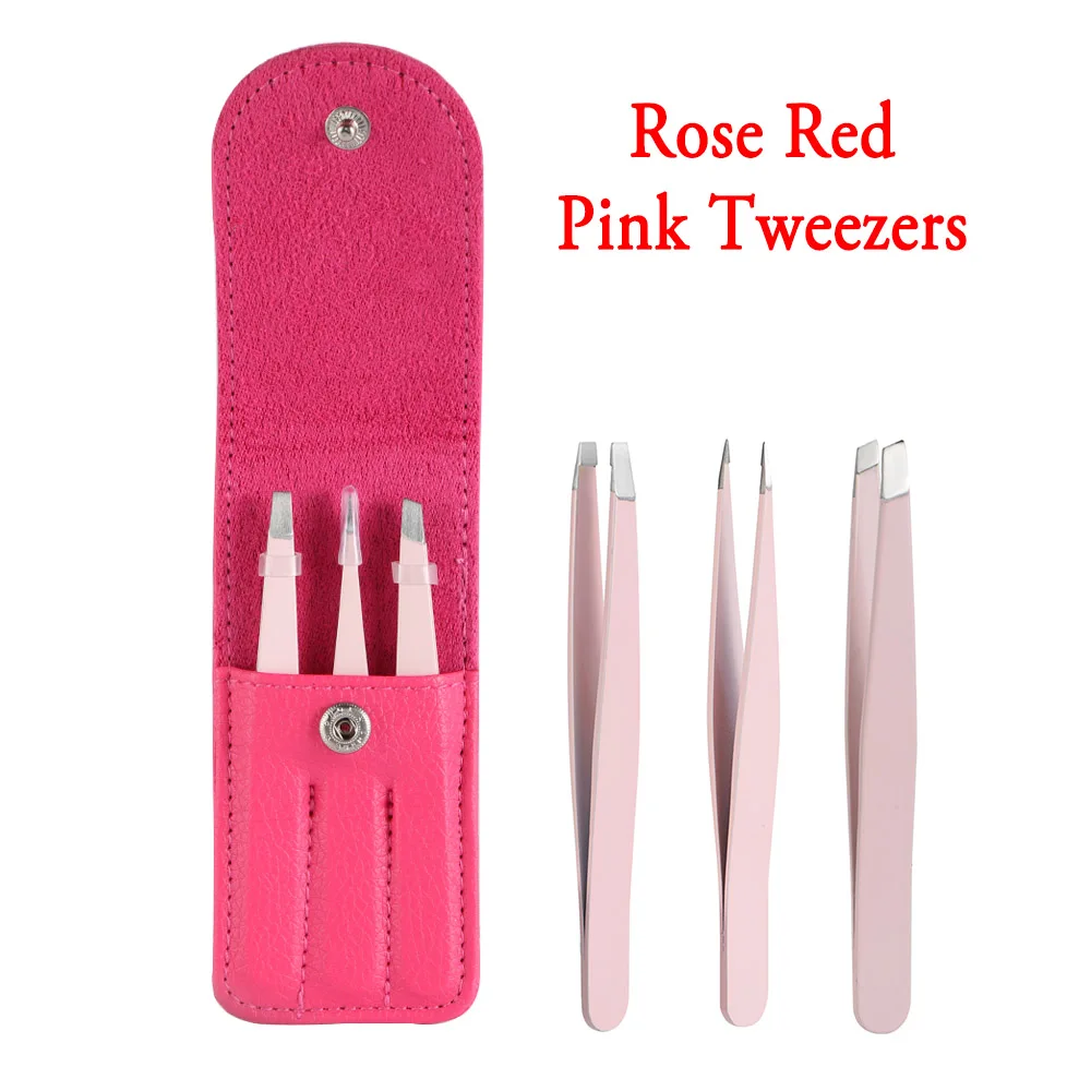 Rose Red 1/3 шт. Нержавеющая сталь для бровей Пинцет из нержавеющей стали точка наконечник/Наклонный наконечник/плоский наконечник волос снятие макияжа инструмент Наборы с сумочкой в тон розового цвета/белый Цвета - Цвет: Rose Red