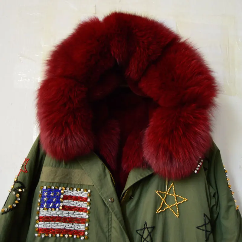 Заказная парка из меха красного вина с отделкой бисером США воротник лисьего