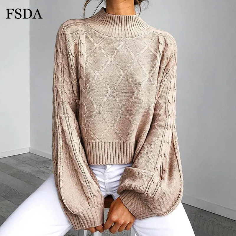 Вязаный зимний свитер FSDA с высоким воротником элегантные однотонные