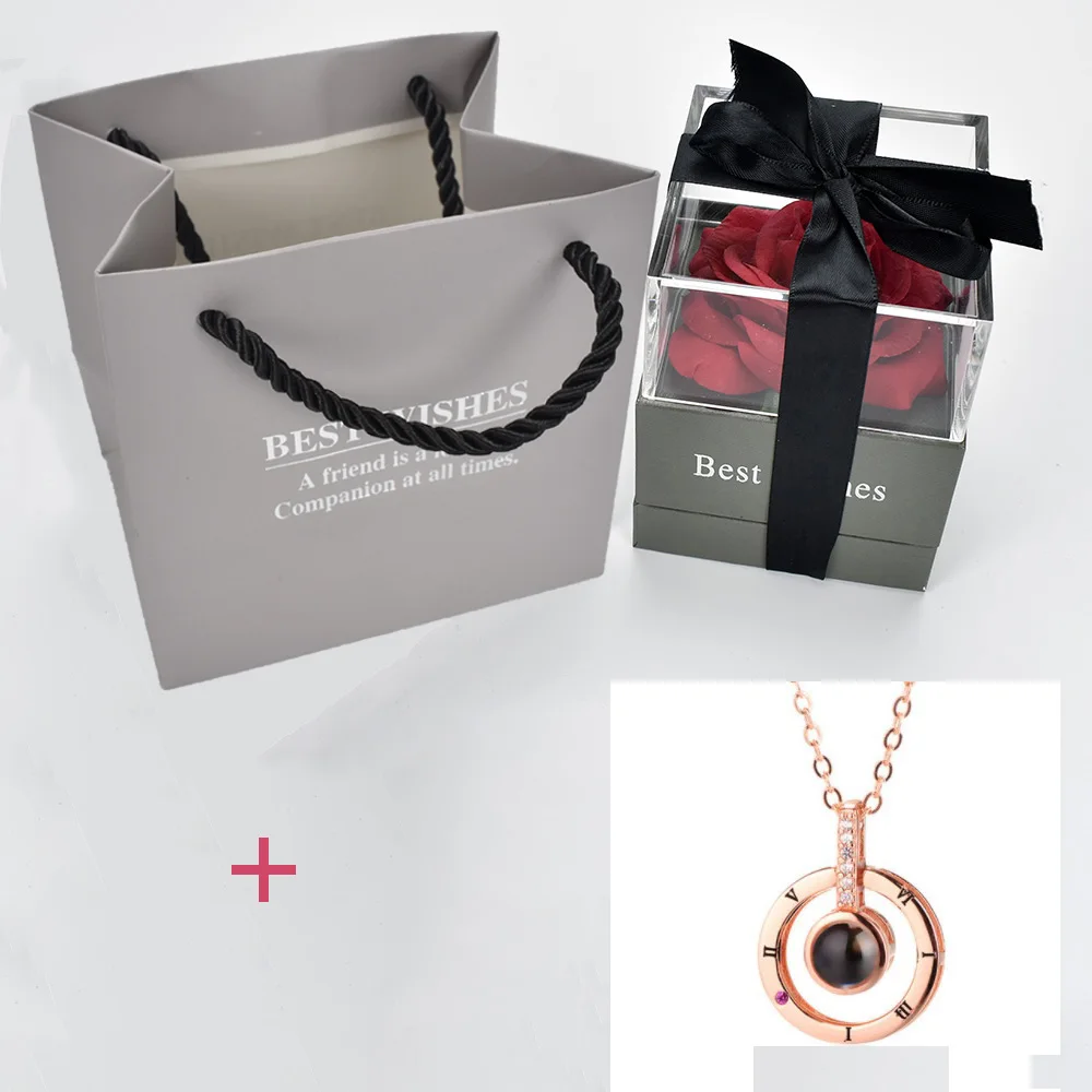 red with necklace1 Высокое качество красивая красная роза цветок шкатулка с 100 язык Я ЛЮБЛЮ ТЕБЯ ожерелье для мать подруги подарок - Цвет: red with necklace1