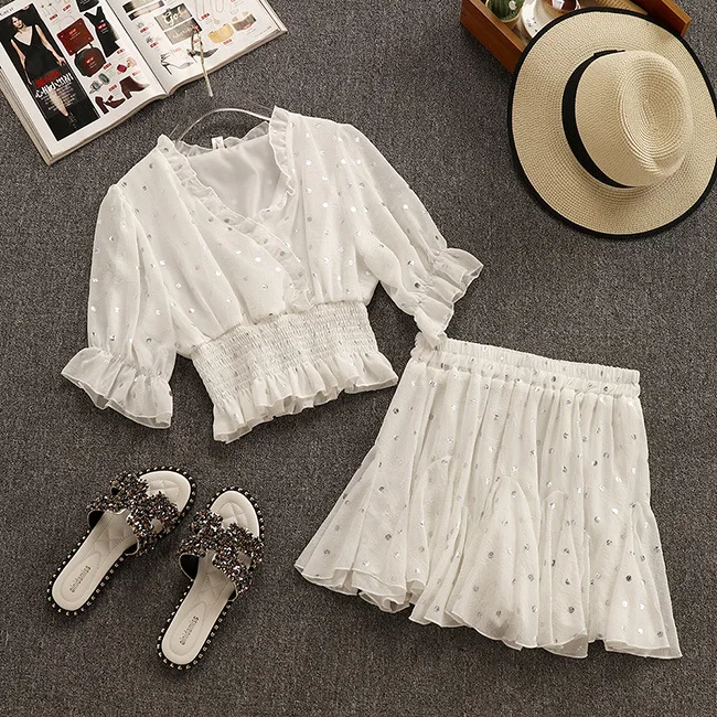 Женская блузка в горошек с V образным вырезом и плиссированная шифоновая юбка