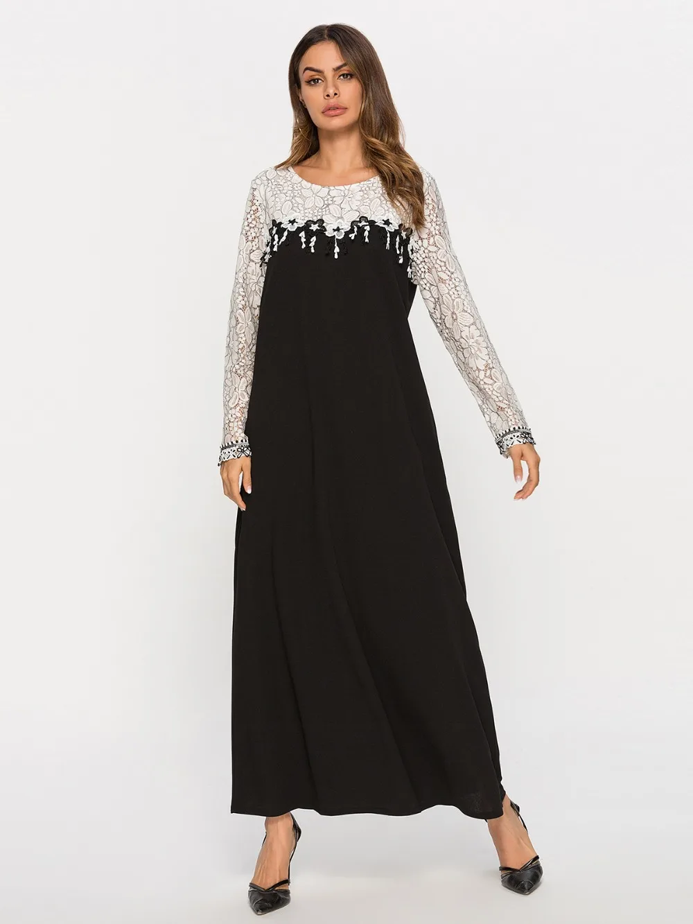 Элегантные кружевные мусульманское платье макси abaya полная длина свободное кимоно длинные халаты Рамадан Ближний Восток арабские Исламская, молитвенная одежда