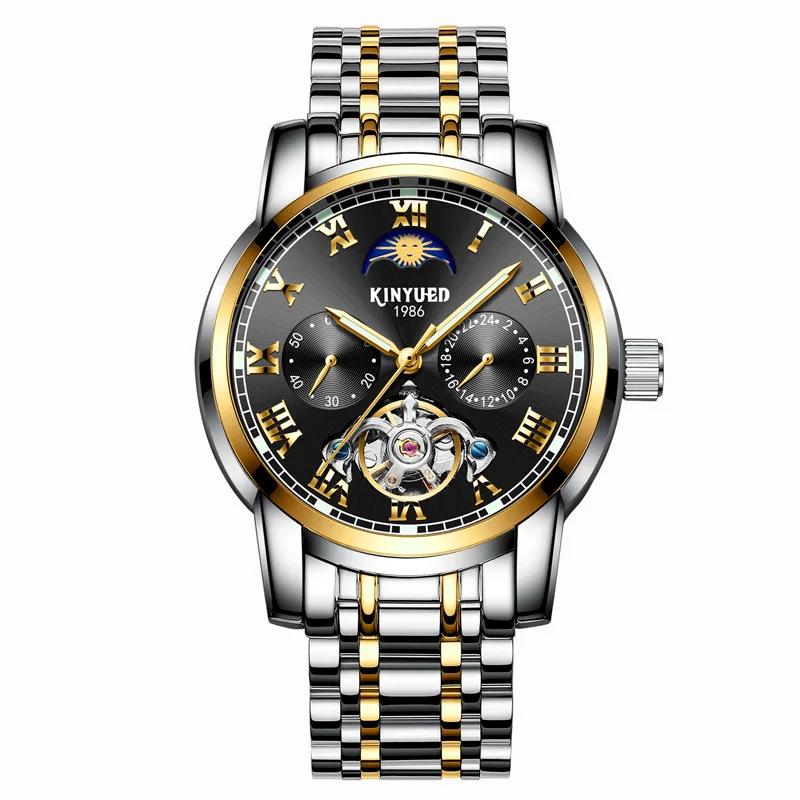 Gold and black KINYUED абсолютно новые часы швейцарские полностью автоматические полые турбийон механические часы мужские ремешок из нержавеющей стали - Цвет: Gold and black