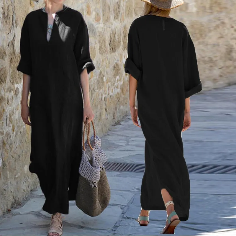 Vintage Linen Dress Women 2018 Autumn Sexy Deep V Neck Long Sleeve Split Solid Casual Party Maxi Vestido Kaftan Plus Size | Женская