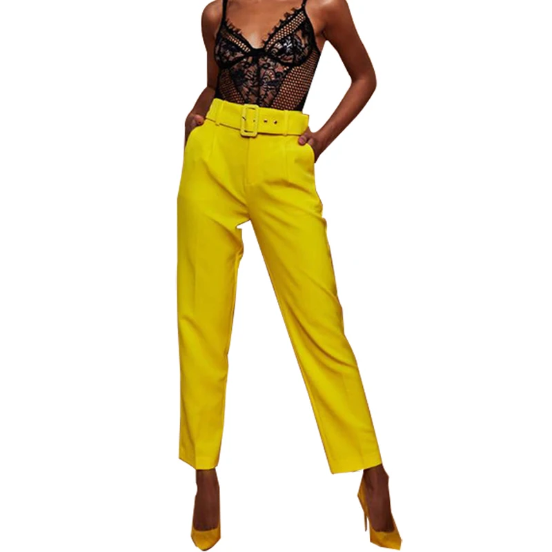 

4 Colors Casual Pants High Waist Autumn Belted Straight Leg Slacks Office Lady Suit Pants Women Trousers