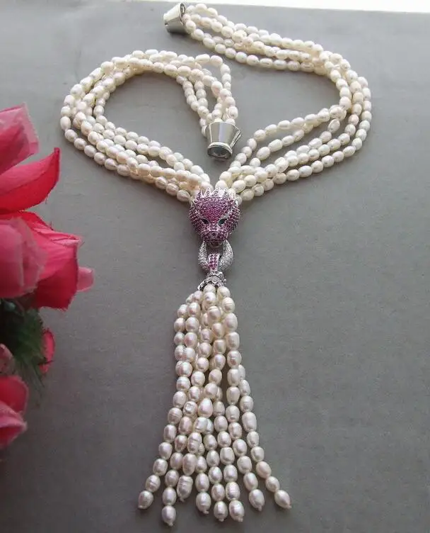 

Beautiful 5Strds Pearl&zircon Pendant Necklace 18"