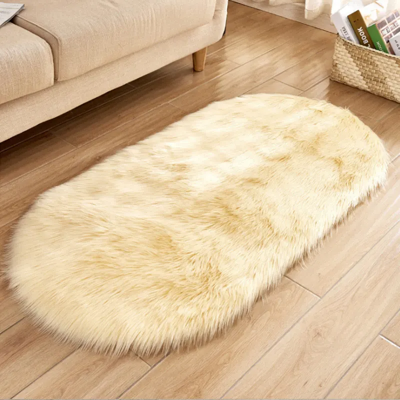 Beige Плюшевые ковры с высоким ворсом Овальный прикроватный коврик для спальни мягкие легко очищаемые коврики из искусственной шерсти для дома гостиной - Цвет: Beige