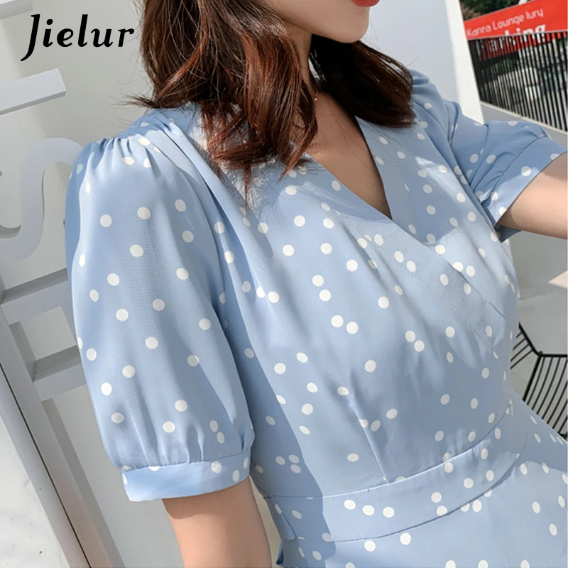 Jielur 2019 летнее платье в горошек женское с хлопок v образным вырезом Европа хипстер