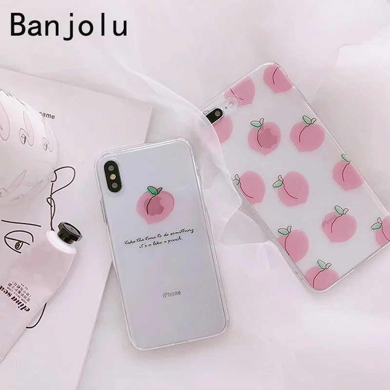 Banjolu New Candy Cute Transparent Stylish Pink Peach Phone Case for iPhone X 7 8 Plus 6 6s Soft TPU Cover Back |