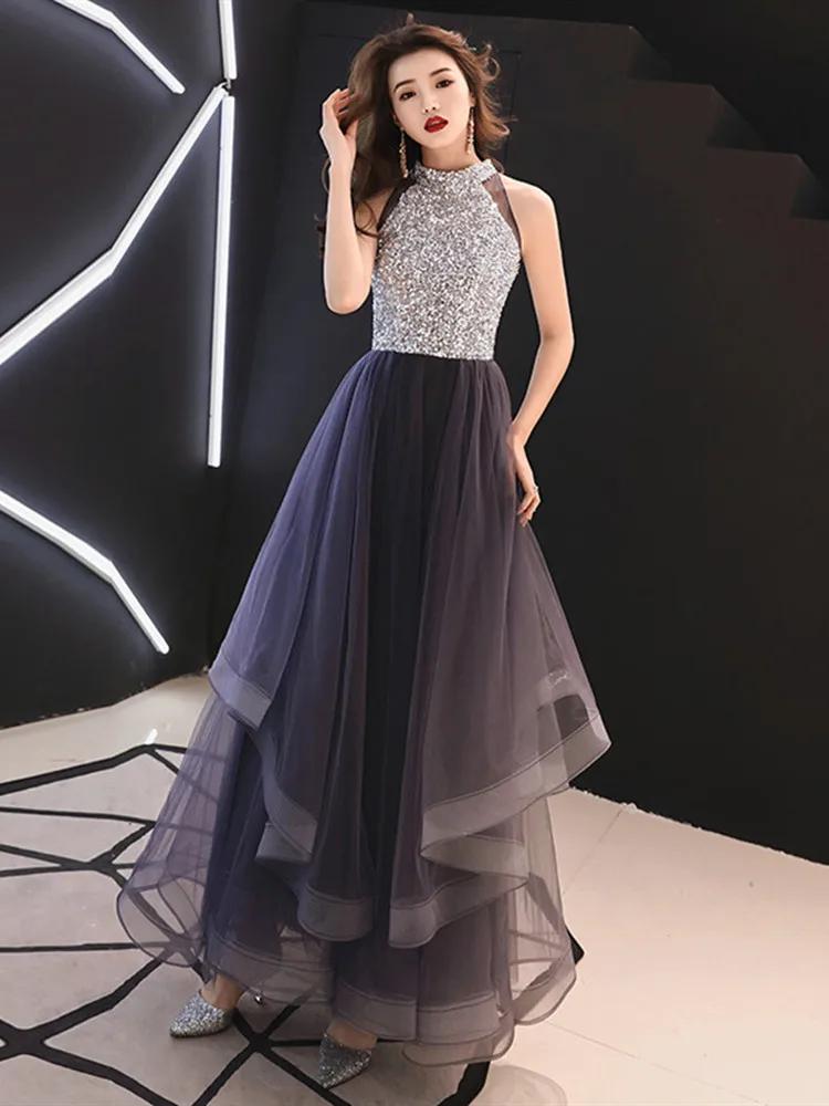 Это YiiYa платья для выпускного вечера фиолетовые Блестки Bling Hatler Neck A-Line Длина до пола пользовательский цвет плюс размер длинные платья для выпускного вечера E442