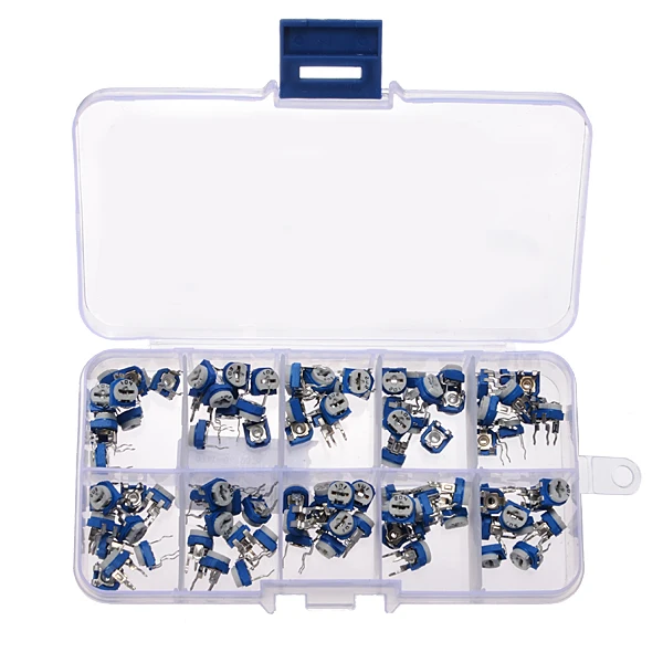 

100Pcs/Box RM065 Carbon Film Horizontal Trimpot Potentiometer Assortment Kit 10 Values Variable Resistor 100 ohm-1M ohm