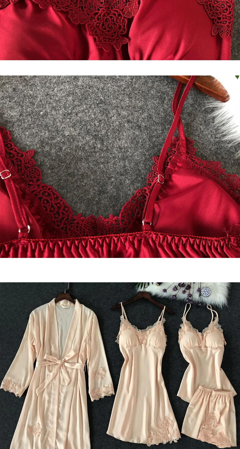 Lisacmvpnel 4 шт. шелк льда пижамный комплект с подушечкой ночная рубашка+ кардиган+ шорты комплект кружева сексуальная пижама для женщин
