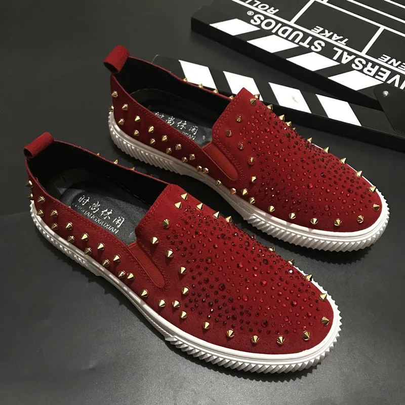 B-99 Red Black white Bottom Fashion Silver Rivet loafers Spikes Casual Dress Glitter Smoking Slipper Men shoe | Обувь