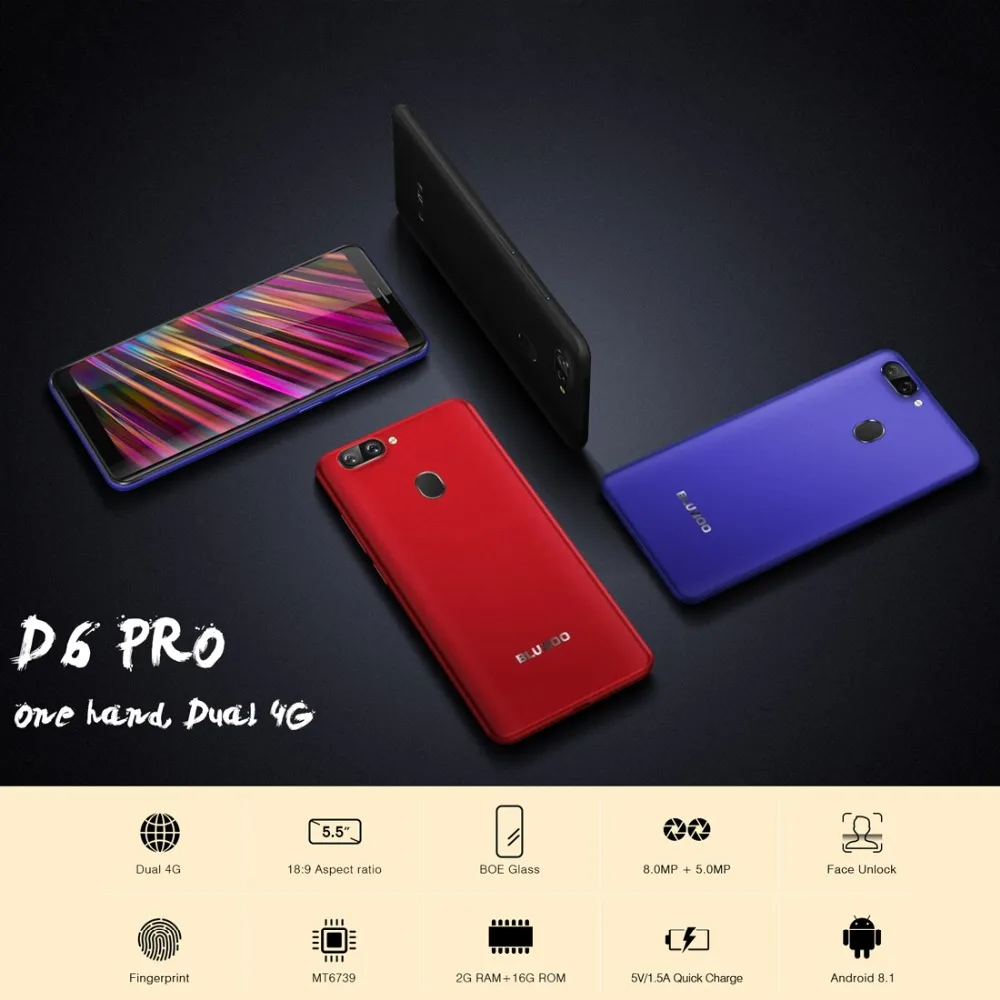 BLUBOO D6 Pro 2 ГБ + 16 Гб мобильный телефон с двумя слотами 5.0MP отпечатков пальцев