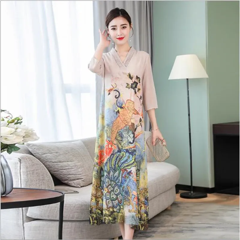 Женские шелковые шифоновые платья в стиле ретро Осенние повседневные Свободные