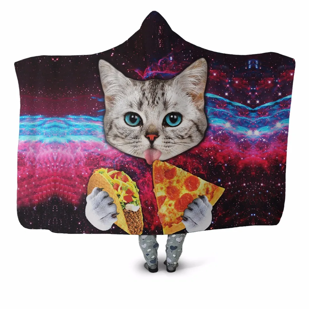 

Cat Love Pizza 3D Printed Plush Hooded Blanket for Adults Youth Children Warm Wearable Fleece Throw Blanket Home Office Washable