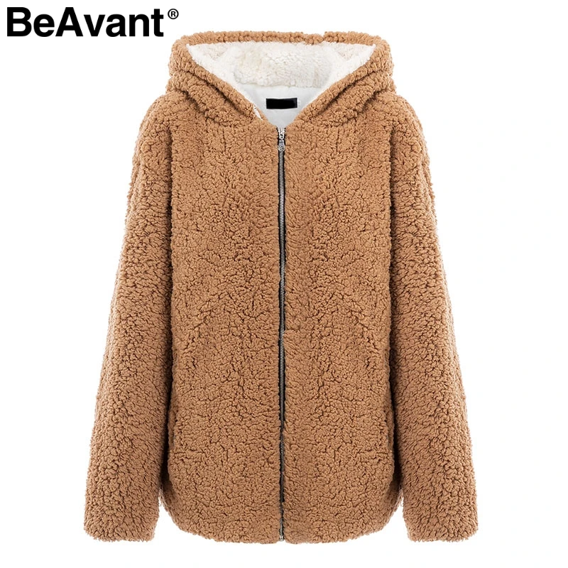 Light Camel BeAvant Женское пальто из искусственного меха с капюшоном,, повседневная куртка с плюшевым медведем, пальто размера плюс, на молнии, теплая Красная Зимняя куртка, пальто для женщин - Цвет: Light Camel