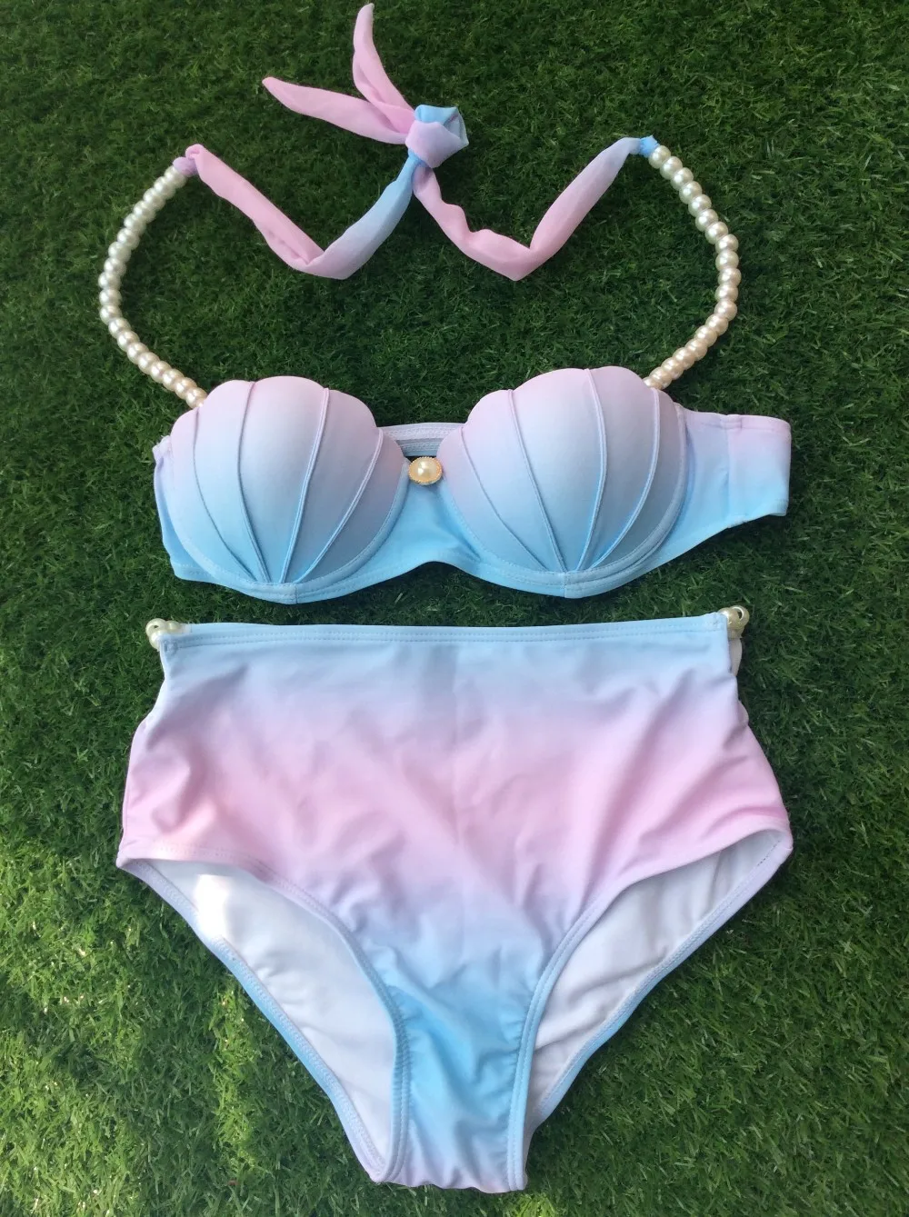 Hot Women Mermaid High Waisted Shell Bikini With Pearl Straps Swimsuit Push up Padded Sexy Bra Bathing Suit Swimwear Set