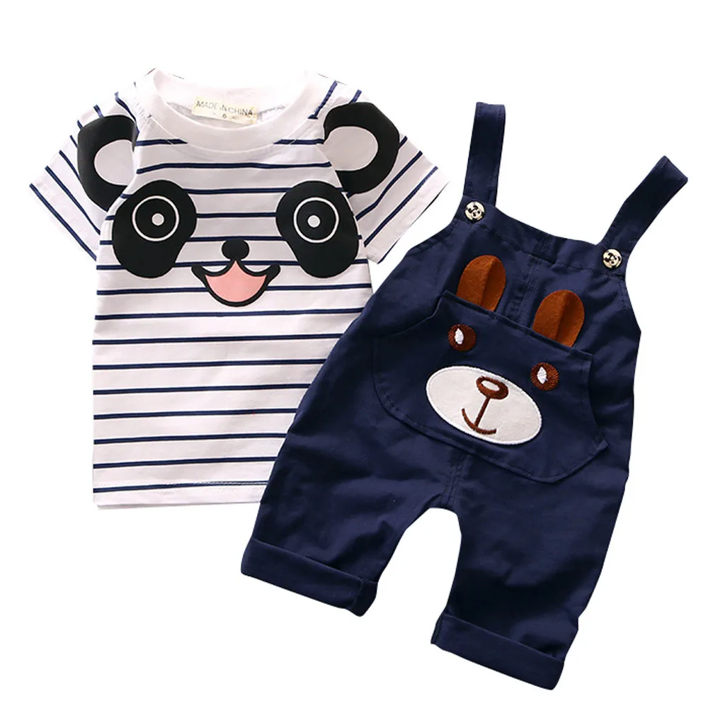 Children Clothing baby girl boys clothes Set Little Bear Stripe Short-Sleeve T Shirt +Straps Pants Kids Sport Suit | Детская одежда и