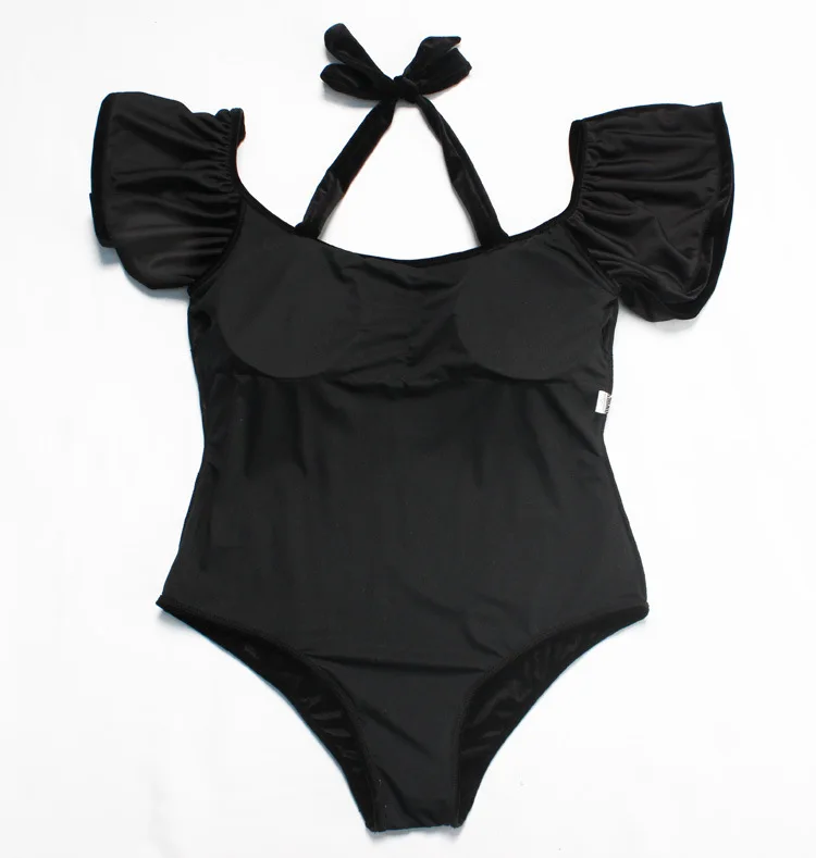 Винтажный плюс размер XL-4XL черный бархатный цельный купальник для полных женщин с оборками с плеча цельный купальный костюм для женщин